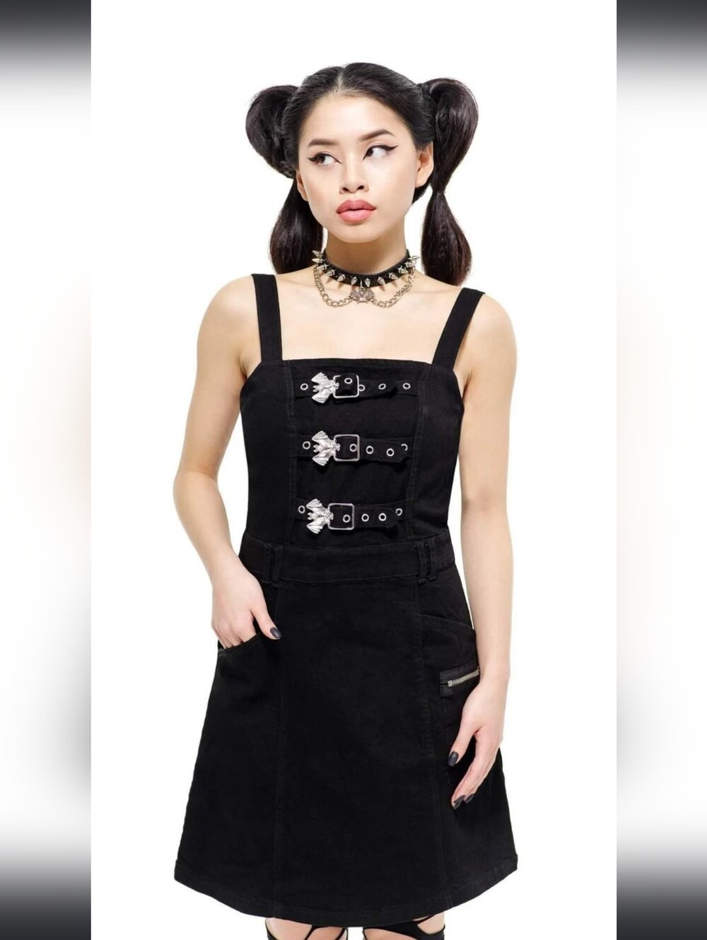 Killstar Black Buckle-Front Denim Overall Dress